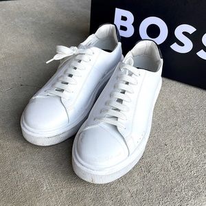 Hugo Boss mens 10 solid white leather low top derby sneaker shoes